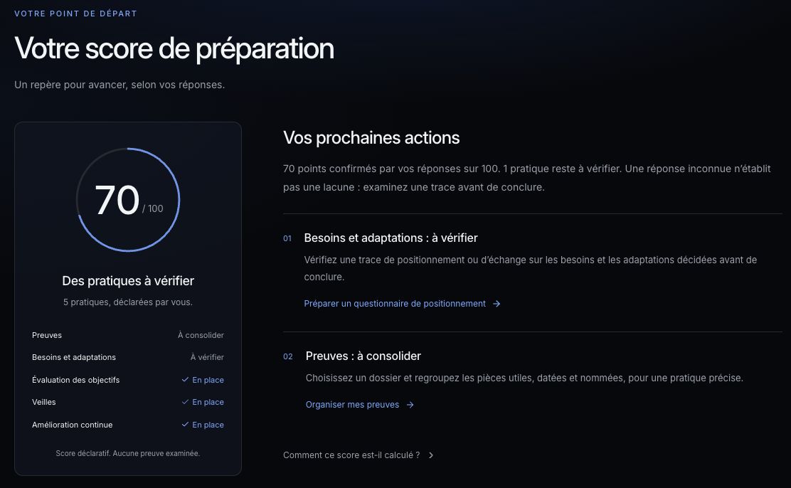 Exemple de score déclaratif à 70 sur 100, cinq pratiques et deux prochaines actions.