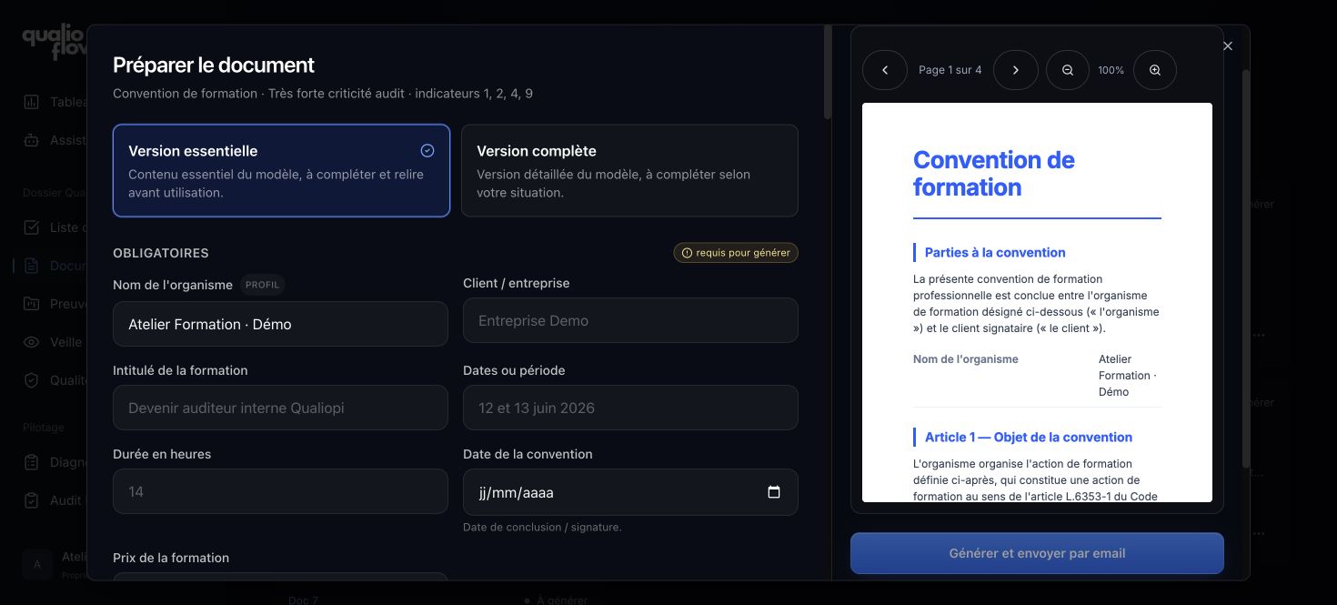 Préparation d’une convention avec champs à compléter et aperçu PDF.