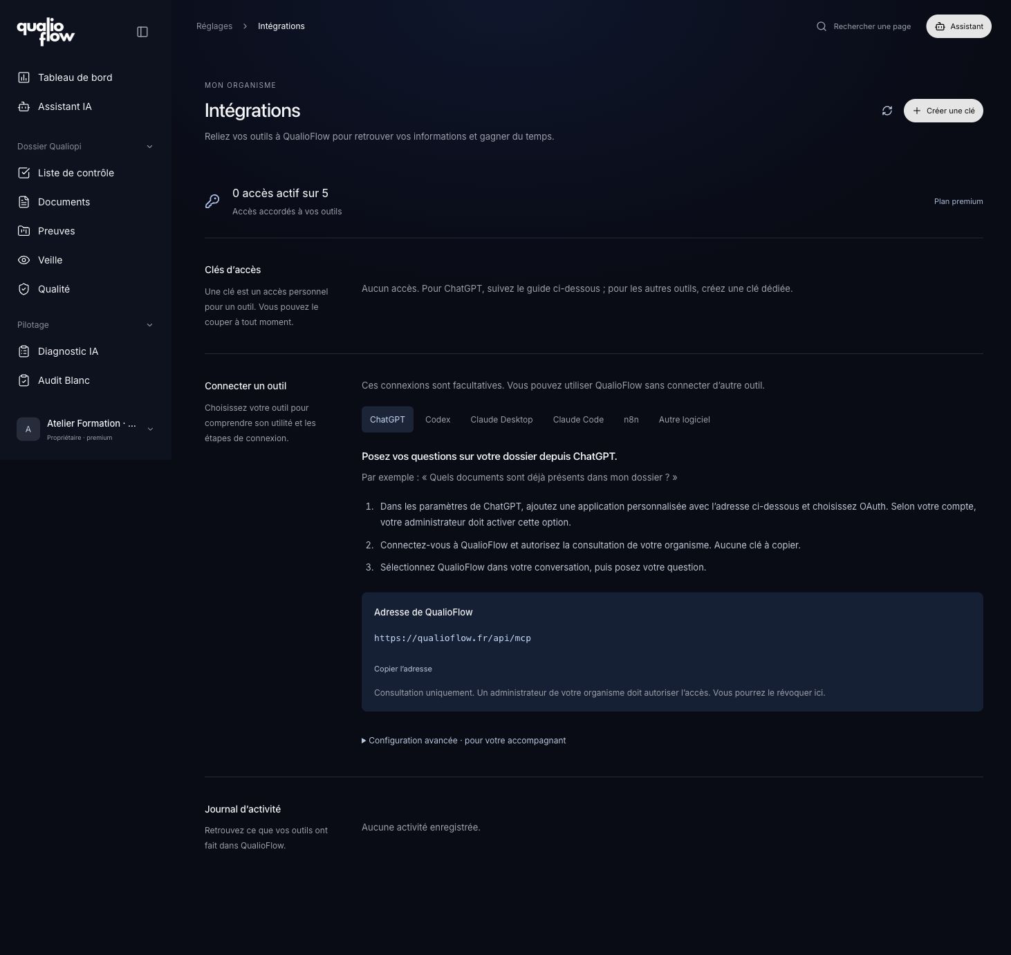 Clés d’accès et guide de connexion des outils externes.