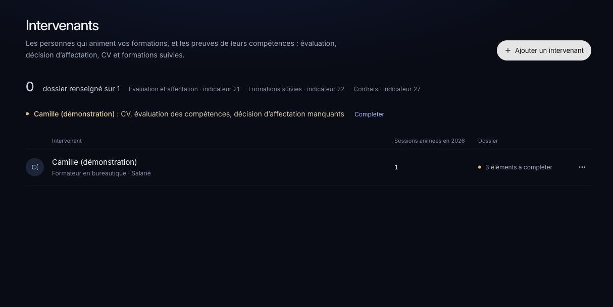 Liste des intervenants et éléments manquants de leur dossier.