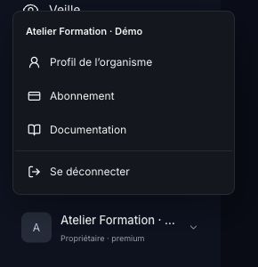 Menu du profil de l’organisme avec le lien Documentation sous Abonnement.