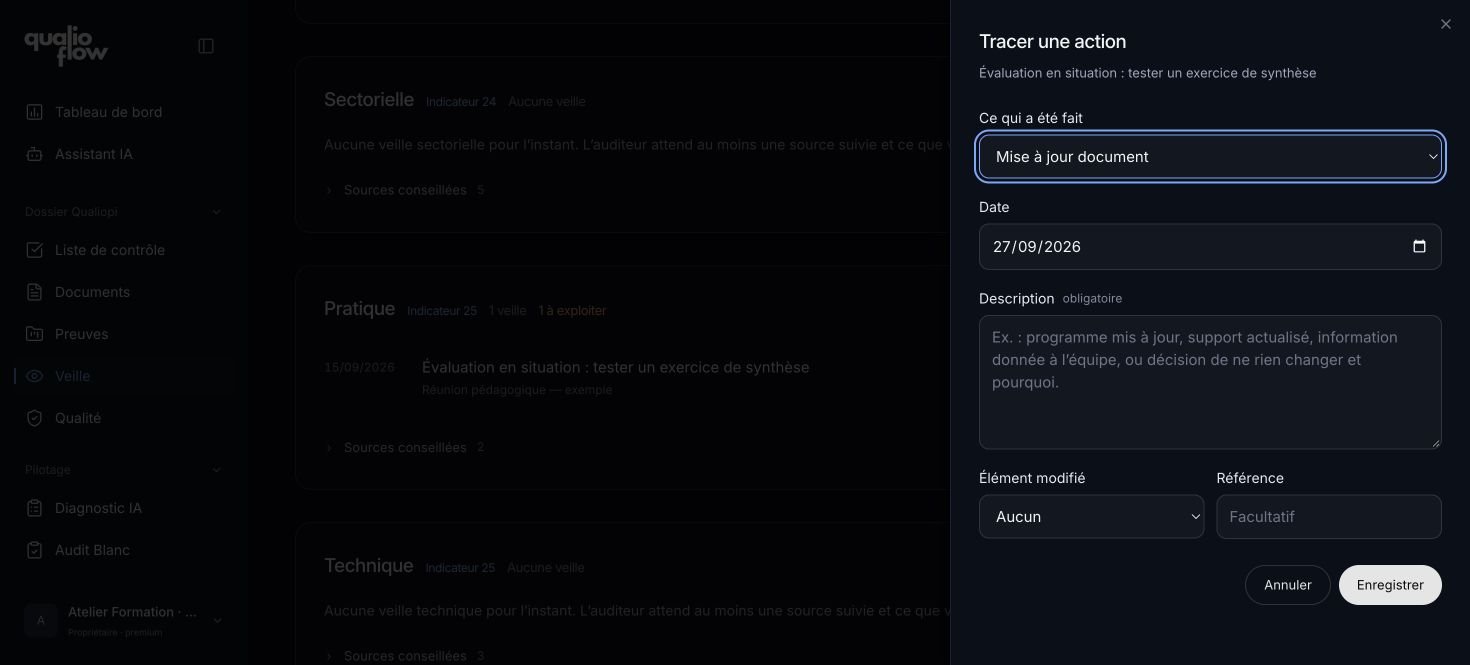 Panneau Tracer une action à partir d’une veille.